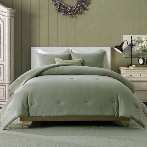 Juego de Edredon King Size de Algodon de Fibra Larga SahSahCasa - Edredon Esponjoso, Juego de Ropa de Cama de Algodon 100% para Cama King, Edredon Transpirable Solido, Alternativa de Plumon, 104" x 90", 3 pzas, Verde Grisaceo - Imagen 2