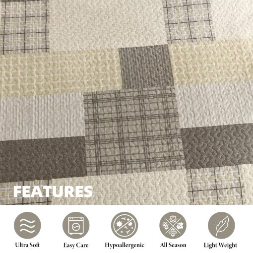 Colcha de Cama Queen 100% Algodon de 120"x102" - Juego de Ropa de Cama Ligero de Estilo Granja, 3 Piezas Edredon Reversible de Lujo en Cuadros Suaves, Beige/Marron - Imagen 6
