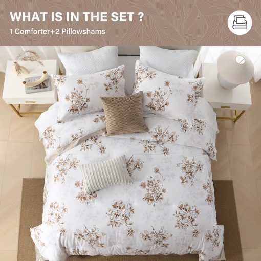 Juego de edredon de algodon SahSahCasa tamano Queen, juego de ropa de cama de edredon para Queen, chic floral acolchado esponjoso de lujo suave para todo el ano, Juego de cama conforter, edredones y alternativa de plumon, 3 piezas, Blanco/Marron - Imagen 6