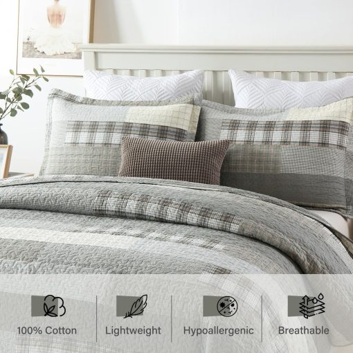 PERHOM Colcha Queen de 100% Algodon, Juego de Colchas Queen en Gris (Gris) con Cuadros a Cuadros, Colcha de Cama Queen de Tamano Grande Reversible y Suave para Todas las Estaciones, 3 Piezas - Imagen 2