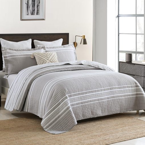 Quilta Juego de Edredon 100% Algodon Tamano Queen - Colcha Ligera Acolchada, Juego de Ropa de Cama a Rayas Gris 3 Piezas, Suave y Ligero Decoracion del Hogar para Todas las Estaciones, Gris/Blanco - Imagen 3