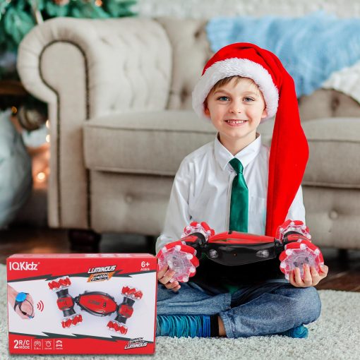 Coche de acrobacias RC con deteccion de gestos IQKidz - Rojo Navideno, Mejores Regalos de Cumpleanos para Ninos de 6-12, Juguetes de Coches de Doble Lado de Control Remoto Manual con Luz y Musica, 4x4 de Deriva Todoterreno para Rotacion - Imagen 7
