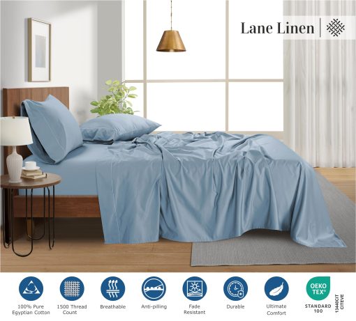 Juego de sabanas King Size LANE LINEN 100% algodon egipcio - 1500 hilos, 4 piezas - Juego de sabanas de algodon de lujo con tejido de saten King Size - Bolsillo extra profundo de 15" - Azul Frances - Imagen 4