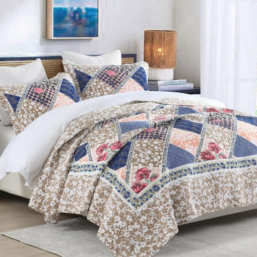 Colcha de Cama de Gran Tamano Finlonte 128"x120" - Colcha de Gran Tamano California King 100% Algodon, Colcha de Retazos de Granja, Colcha Reversible Ligera, Juego de Ropa de Cama, Cafe/Azul Marino