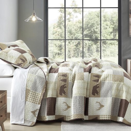 Edredon Queen Size DUOHONG, Juego de Edredones para Cama Queen, 100% Algodon, Edredon Rustico para Cama Queen, Edredon Reversible Ligero con Patrones de Vida Silvestre, Crema/Marron/Gris - Imagen 2