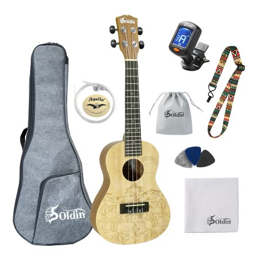 Ukelele de la serie Soldin Artista con Tapa de Abeto Macizo y Dorso y Lados de Caoba Kit para Principiantes con Funda Tuner Cuerdas Correa Puas Paño de Limpieza (Espantapajaros, 24")