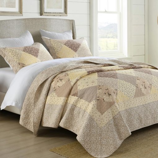 Colcha de Cama de 120"x120" Estilo Sobredimensionado California King de Finlonte, 100% Algodon Colcha Cal King Acolchada, Reversible Acolchado Extra Grande de Estilo Granja XL, Marron/Blanco Crema, 3 Piezas