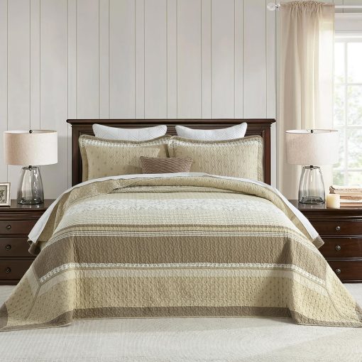 Colcha de Cama Queen de Algodon Oversized FineStichery 120"x102", Juego de Colcha a Rayas Marron Beige con Fundas de Almohada, Ligero y Reversible, Todas las Estaciones, 3 Piezas - Imagen 2