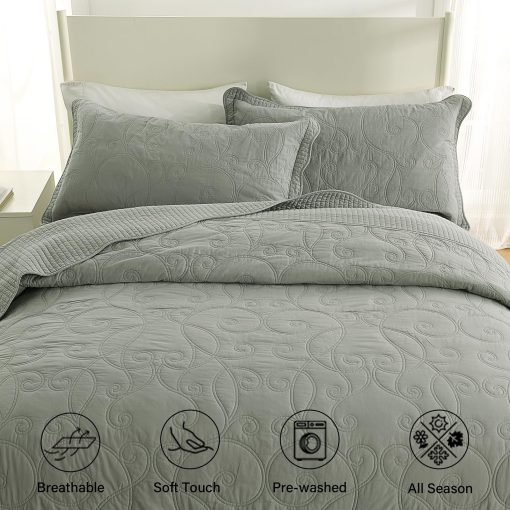 Colcha Queen Size Oversized Finlonte 120"x102" - 100% Algodon con Bordado en Enredadera, Colcha Acolchada Gris Solido, Conjunto de Colcha Extra Grande Suave para Cama Queen con 2 Fundas de Almohada - Imagen 5