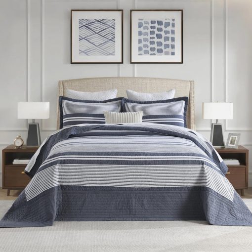 Colcha de cama extra grande king size Finlonte 100% algodon 120"x120", juego de colcha extra grande acolchado para cama California King, set de colcha moderna de rayas XL, edredon ligero azul piedra/blanco, 3 piezas - Imagen 2