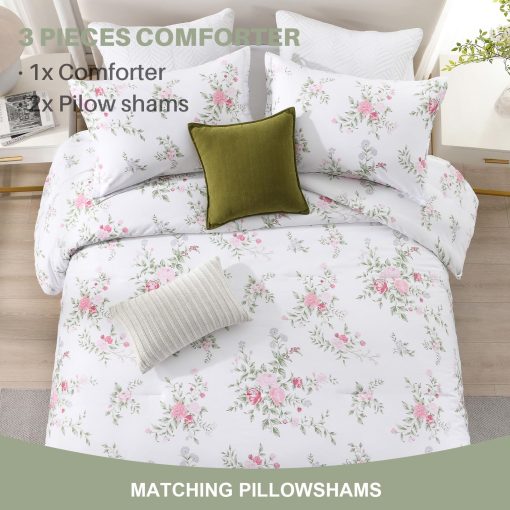 Set de edredon Floral Queen FineStichery - Juego de cama de edredones tamano queen de algodon mullido, juegos de ropa de cama suaves y ligeros, juego de cama acolchado de 3 piezas con fundas de almohada, blanco/rosa - Imagen 6