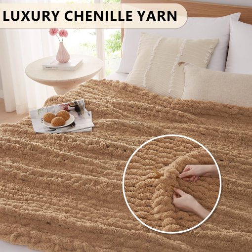 Manta de Punto Grueso L'AGRATY: 60''x80'' Manta Tejida de Chenille Grueso para Cama Sofa - Manta de Gran Punto Grueso Hecha a Mano - Manta de Ganchillo Grande para Decoracion del Hogar (Beige) - Imagen 3