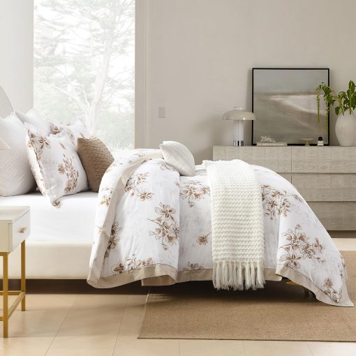 Juego de edredon de algodon SahSahCasa tamano Queen, juego de ropa de cama de edredon para Queen, chic floral acolchado esponjoso de lujo suave para todo el ano, Juego de cama conforter, edredones y alternativa de plumon, 3 piezas, Blanco/Marron - Imagen 4
