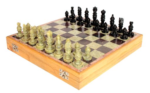 Tablero de ajedrez de madera tallada a mano con incrustaciones de piedra de 14" x 14" con juego de piezas de piedra artesanales - Imagen 2