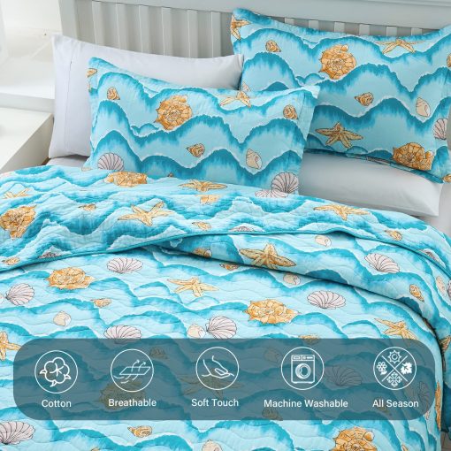 Juego de colcha Queen Finlonte, colcha Queen de algodon ligero, diseno costero azul colchas tamano Queen, juego de ropa de cama de colcha Queen suave y transpirable para todas las estaciones, 3 piezas - Imagen 4