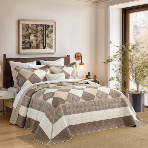 SahSahCasa Colcha Cubrecama Acolchada Reversible Extra Grande para Cama California King, 100% Algodon, Juego de 3 Piezas, Marron/Beige/Caqui
