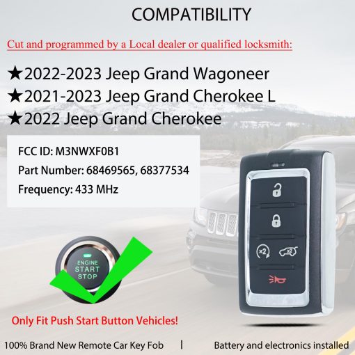 Control Remoto de Llave Inteligente de Repuesto para Jeep Grand Wagoneer Cherokee L 2021 2022 2023 M3NWXF0B1 Inicio por Boton Llave de Proximidad de Entrada sin Llave Control Remoto 68469565, 68377534 5 Botones - Imagen 2