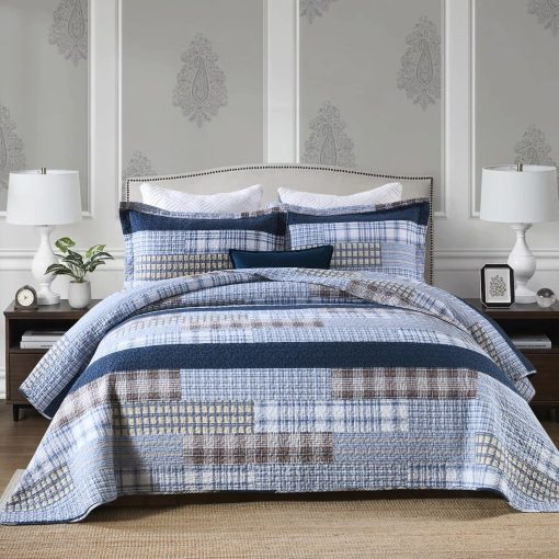 Juego de Colcha de Algodon Queen Size Azul, Juego de Colcha de Cuadros acogedora para Cama Queen, Reversible y Ligera, 3 Piezas