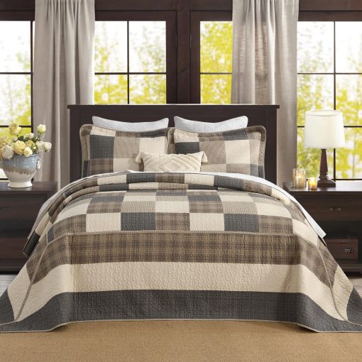Colcha de cama extragrande FineStichery 120" x 120", 100% algodon Colcha ligera de cama de cobertor de cama de campo, juego de cobertor de cama de 3 piezas, carbon/beige/marron - Imagen 2