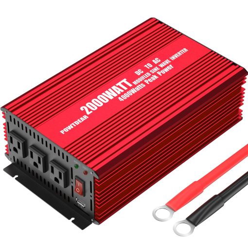 POWTDEAR Power Inverter 2000 Watt, Convertidor de Energia 2000W DC 12V a 110V AC Inversor de Coche con Puertos USB de 2.4A y 3 Tomas de Corriente Alterna Rojo