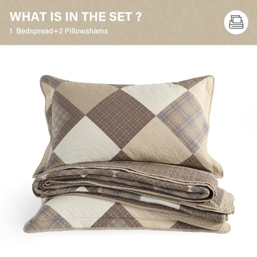 SahSahCasa Colcha Cubrecama Acolchada Reversible Extra Grande para Cama California King, 100% Algodon, Juego de 3 Piezas, Marron/Beige/Caqui - Imagen 6