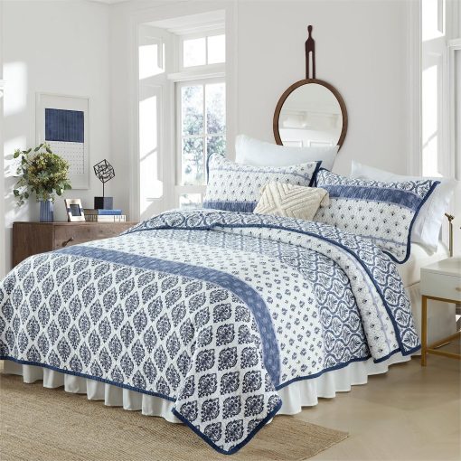 Juego de edredon Toldlove tamaño King, conjunto de cama acolchado de algodon floral azul y blanco tamaño King, 3 piezas colcha reversible ligera de estilo granja para todas las estaciones - Imagen 2