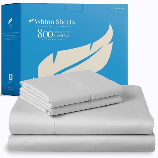 Juegos de Sabanas Ashton 100% Algodon Egipcio Split King para Cama Ajustable - 800 Hilos 5 PC Juego de Sabanas Superior Split King para Cama Sleep Number, Sabanas de Enfriamiento Suaves, Se Adapta a Colchon de Hasta 18" - Plata