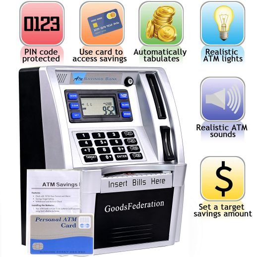 2024 Hucha del cajero automatico actualizada para dinero real para ninos y adultos con tarjeta de debito, inicio de sesion con contrasena, alimentador de billetes, reconocimiento de monedas, objetivo de ahorro, calculadora de saldo, caja fuerte de ahorro electronico (Negro) - Imagen 2