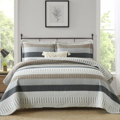 Juego de colcha Queen Size Finlonte, Juego de colcha Queen, Colcha de algodon 100%, Juego de ropa de cama Queen acolchado a rayas en gris, Colchas reversibles suaves y ligeras, Juego de edredon confortable para todas las estaciones, 3 piezas