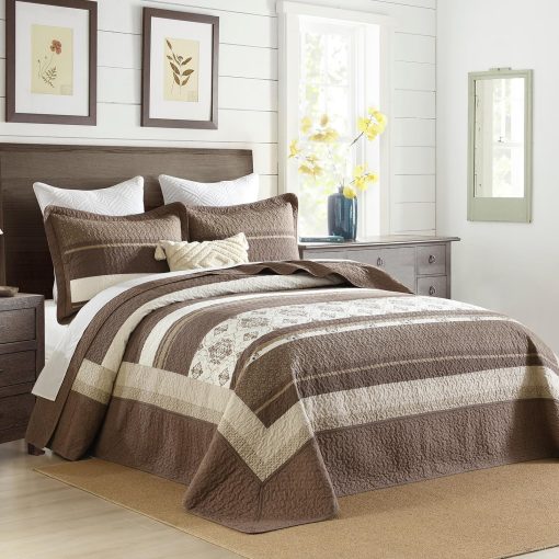 SahSahCasa Colcha Edredon de Reina de 120"x102" 100% Algodon, Juego de Colcha, Edredon Extra Grande, Cobertor de Cama XL, Relleno Ligero, 3 Piezas, Beige/Marron Oscuro