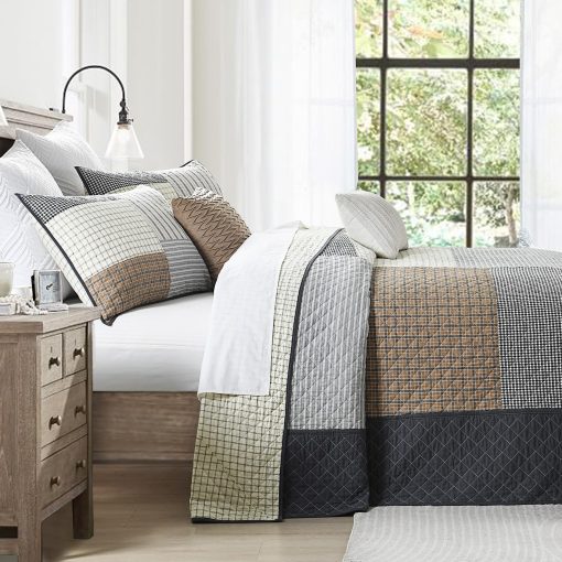 SahSahCasa 100% Algodon 128"x120" Colcha Cubrecama Edredon Cal King XL, Juego de colcha oversized Cal King, Colcha Acolchada Grande, Colcha Patchwork Plaid Ligera, Marron/Crema/Gris - Imagen 3