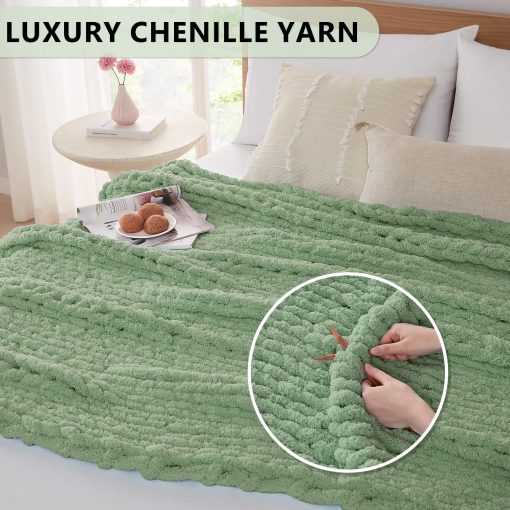 Manta de Punto Grueso L'AGRATY: 80''x90'' Manta de Punto Grueso de Chenille para Cama Sofa - Manta de Punto Grueso Hecha a Mano - Gran Manta de Ganchillo Gruesa para Decoracion del Hogar (Verde Salvia) - Imagen 3