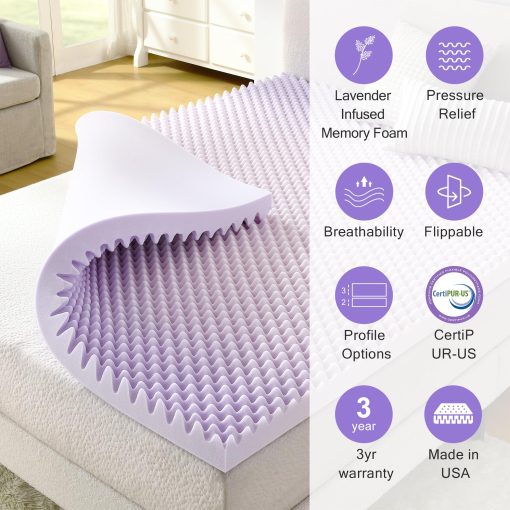 Topper de colchon de doble cara con infusion de lavanda NAP&SLEEP - Disponible en tamanos Twin, Full, Queen, King, Grosor de 2" o 3", Hecho en EE. UU., Espuma Convolucionada y Plana, Comprimida y Empacada Enrollada (King, 2" Pulgadas) - Imagen 3