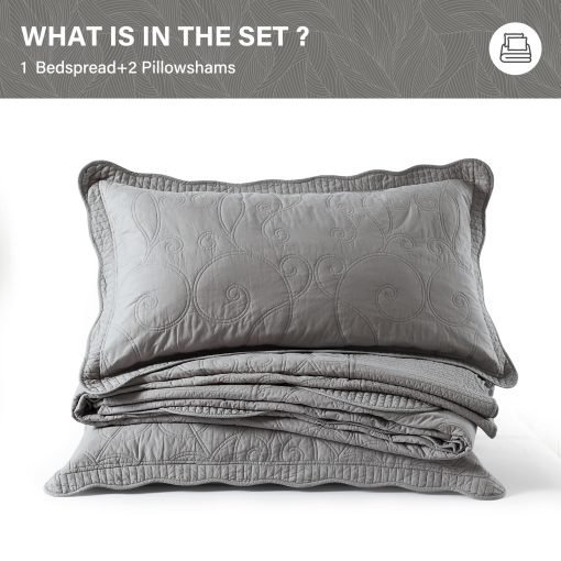 SahSahCasa 100% Algodon 120"x102" Colcha de Cama Queen Extra Grande, Edredon, Colcha Cubrecama Queen XL, Conforter Ligero, 3 Piezas, Gris - Imagen 6