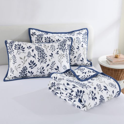 Juego de Edredon Mescore King, Edredon Floral 100% de Algodon Acolchado para Cama King, Juego de Ropa de Cama de Tamano King, Ligero y Reversible, para Cama King, Todas las Estaciones, Azul Marino 3 Piezas - Imagen 6