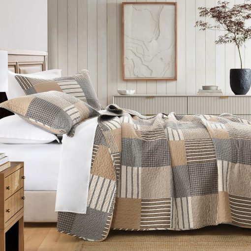 Juego de Edredon PANGUSHAN 100% Algodon Tamaño King, Edredon King, Colcha de Granja a Cuadros Ligera Juego de Ropa de Cama Rustica Cubrecamas Acolchado, Edredon Gris/Marron/Beige para Cama King, 3 Piezas - Imagen 2