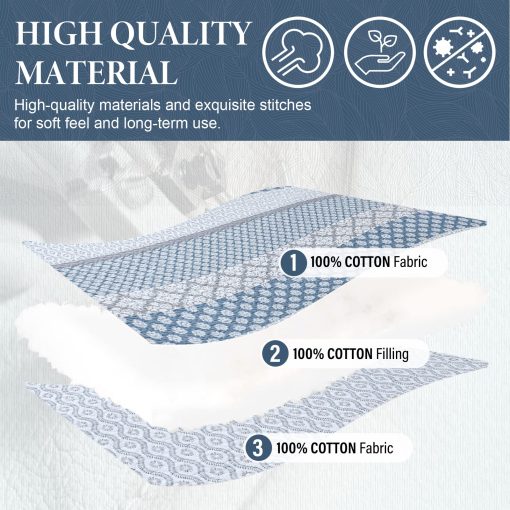 SahSahCasa Quilt King Size, Juego de Edredon King, 100% Algodon Edredon Floral, Juego de Edredon King, Colchas de Cama, Colchas Reversibles Acolchadas Ligeras para Todas las Estaciones, Azul/Gris, 3 Piezas - Imagen 4