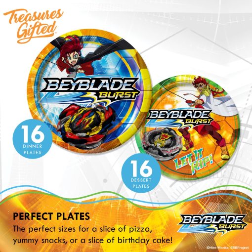 Juego de fiesta oficialmente autorizado de BEYBLADE BURST de Treasures Gifted - Sirve 16 invitados Set definitivo de suministros para fiestas BEYBLADE - Suministros para fiestas de cumpleaños de BEYBLADE - Manteles, platos, pancarta y mas de BEYBLADE - Imagen 2
