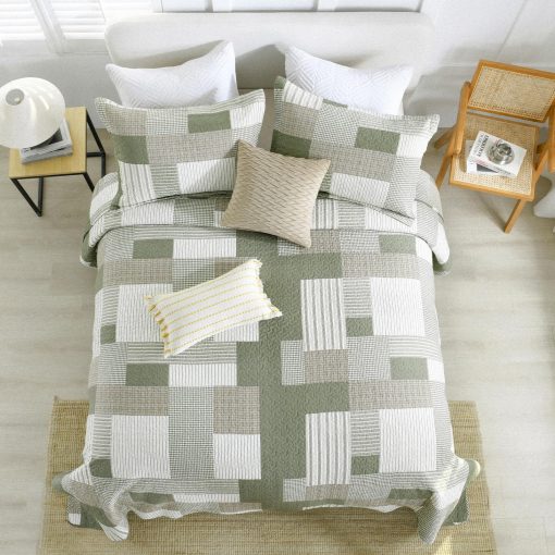 Juego de Colcha a Cuadros Uniclinens para Cama Queen, Colcha Verde Patchwork, Juego de Ropa de Cama 100% Algodon, Edredon Ligero de Estilo Rustico, Juego de 3 Piezas con 2 Fundas de Almohada, Verde/Marron/Beige - Imagen 3