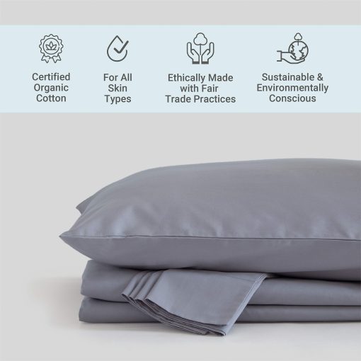 Juego de Sabanas 100% Algodon Organico de Tamano Individual de Percale | 300 Hilos | Certificado GOTS | Algodon de Fibra Larga | Fresco y Transpirable | Se Adapta a Colchones de hasta 17" de Bolsillo Profundo | Gris Claro - Imagen 2