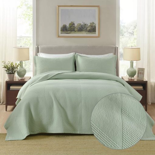 Edredon King Size PERHOM - Juego de edredon King, 100% algodon, lujoso juego de edredon de rayas verdes solidas, colcha de cama ligera para cama King con 2 fundas de almohada, juego de cama de temporada completa, 3 piezas - Imagen 3