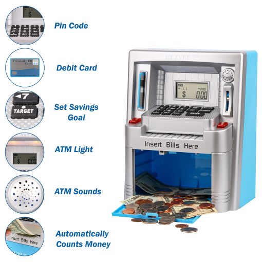 Hucha de cajero automatico para dinero real - Enseñando responsabilidad financiera a los niños, una hucha para niños mayores de 3 años - Combina diversion, aprendizaje para la banca, una hucha digital para niños - Empieza a ahorrar (Plata y Azul) - Imagen 4