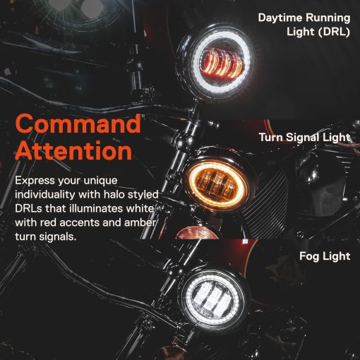 Faros LED de 7"/4.5" Passing Light TRUE MODS para Harley Davidson + Soporte de Montaje [Acabado Negro] [HALO DRL] [4500/1440 LM] [Plug and Play] Para Touring Dyna Electra Glide Road King Softail Fatboy - Imagen 6