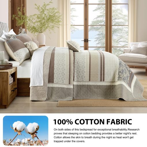 Colcha King Oversized DDUOXIN 128" W x 120 L - Edredon California King 100% Algodon con 2 Fundas de Almohada, Juego de Colcha Reversible de Peso Ligero, Beige/Marron/Gris, 3 Piezas - Imagen 3