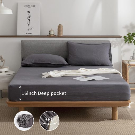 Juego de sabanas de lino EVERLY para cama tamano Full, 100% lino puro frances lavado a la piedra, 4 piezas (1 sabana plana, 1 sabana ajustable, 2 fundas de almohada) Adecuado para personas calurosas, juego de ropa de cama natural - Gris Oscuro - Imagen 5