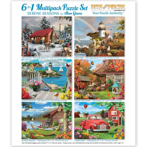 Pack Multifuncional de Rompecabezas de 6 en 1 de Bits and Pieces - 300, 500 y 1000 Piezas Rompecabezas para Adultos - Conjunto de Puzzles Serene Seasons de Alan Giana
