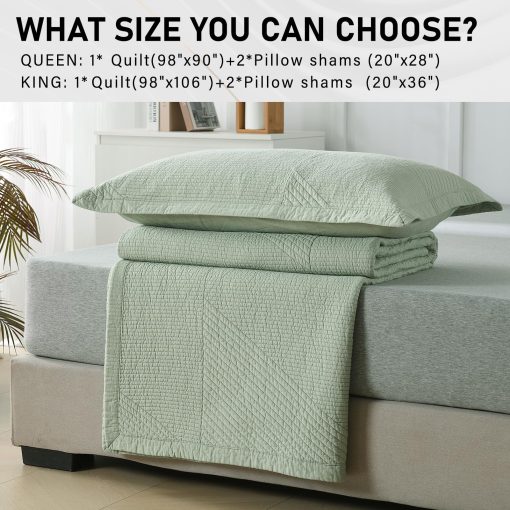 Edredon King Size PERHOM - Juego de edredon King, 100% algodon, lujoso juego de edredon de rayas verdes solidas, colcha de cama ligera para cama King con 2 fundas de almohada, juego de cama de temporada completa, 3 piezas - Imagen 6