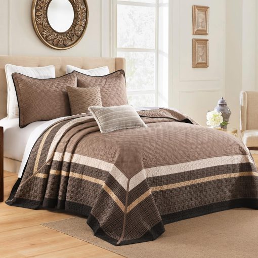 Colcha de cama extra grande FineStichery 120"x102" - Juego de cubrecamas de algodon al estilo granja para cama queen con fundas de almohada, Cubierta de cama acolchada ligera, 3 piezas, Cafe/Beige - Imagen 2