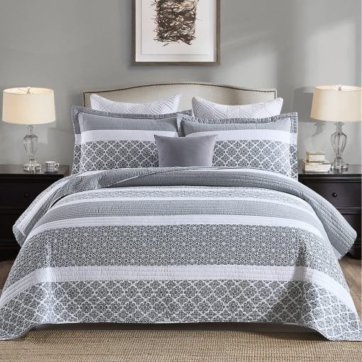 Sets de edredon King PERHOM 100% algodon, Edredon King Size gris azulado con estampado floral, Juego de ropa de cama King ligero para todas las estaciones, 3 piezas