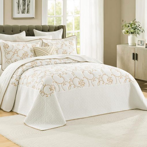 Quilta Colcha de algodon 100% tamano Queen extragrande - 102"x120" Beige Patron de bordado floral Juego de edredon, Colcha elegante y texturizada, Juego de ropa de cama suave y ligero de 3 piezas, Beige/Tan - Imagen 6